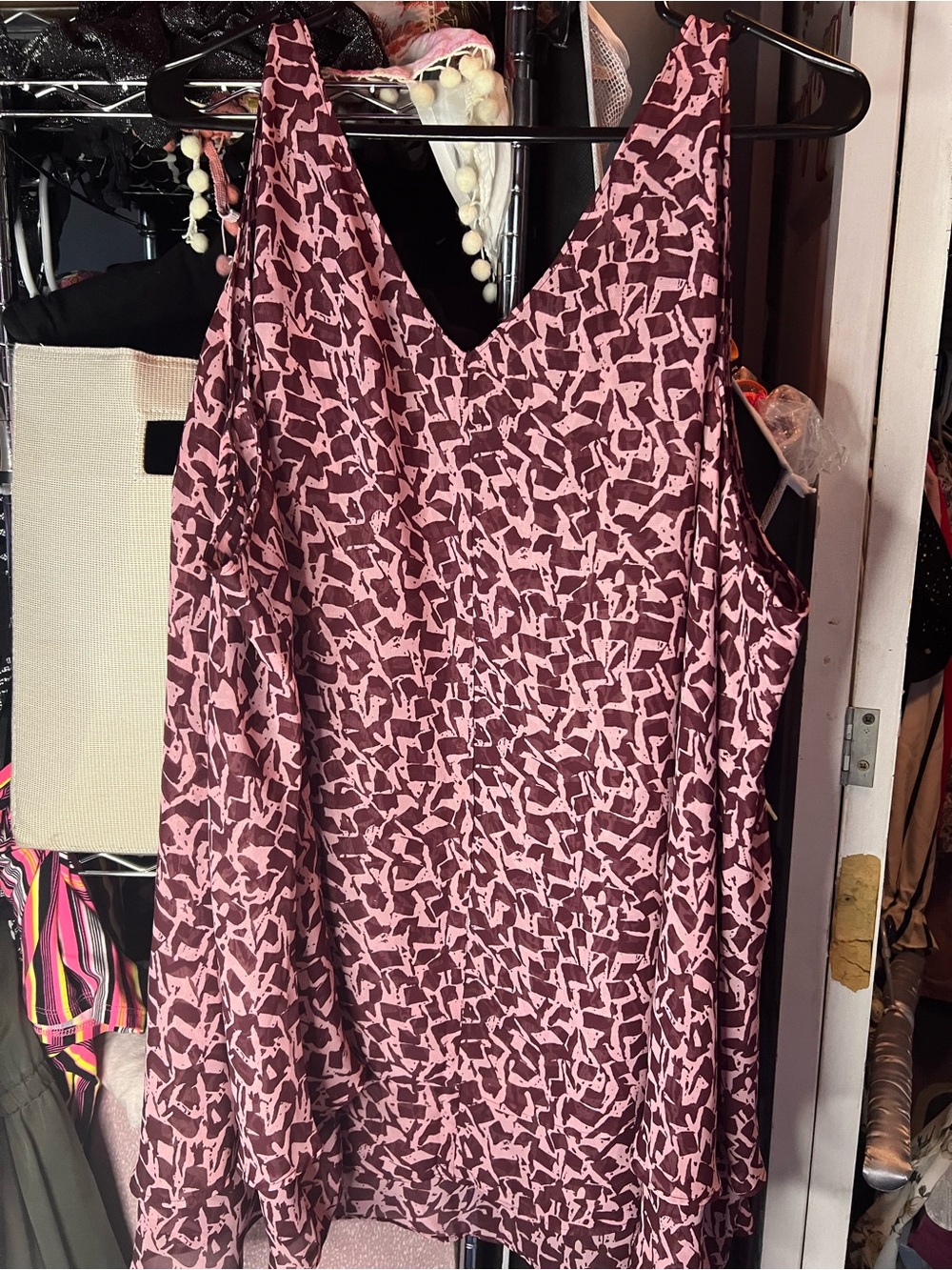 Lane Bryant Pink and Burgundy Abstract V-Neck Tank Top